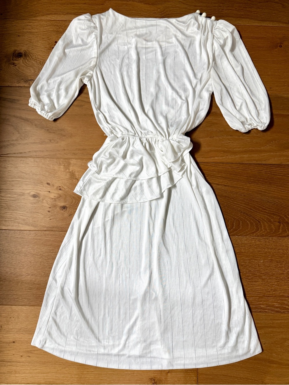 VTG Joni Blair 80s Dress White Shimmer Pinstripe Peplum Puff Sleeve Shoulder Pad